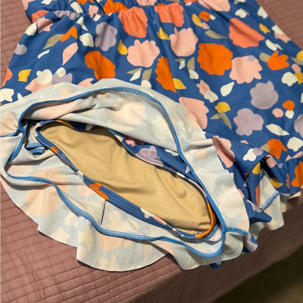 Floral V-Neck Honey Mark Swim Romper - Blue and Orange - Picture 4 of 8